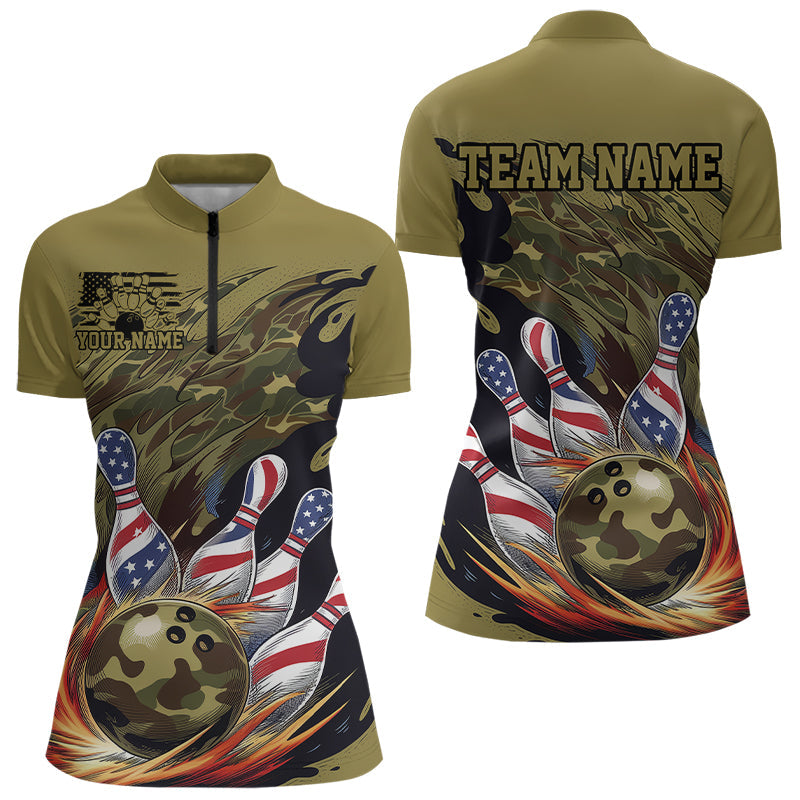Custom Military Camo Ladies Bowling Quarter-Zip Shirt, Patriotic US Flag Bowling Team Shirt IPHW8039