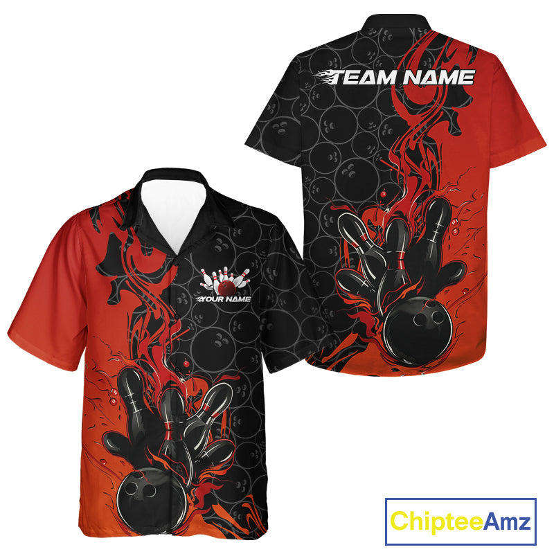 Custom Red Orange Fire Flame Bowling Team Men And Women Hawaiian Shirts, Bowling League Shirt IPHW10184