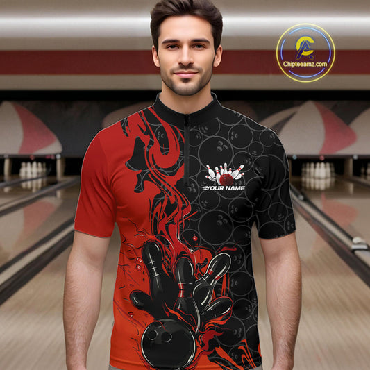 Custom Red Orange Fire Flame Bowling Team Men Quarter-Zip Shirts, Bowling League Shirt IPHW10184