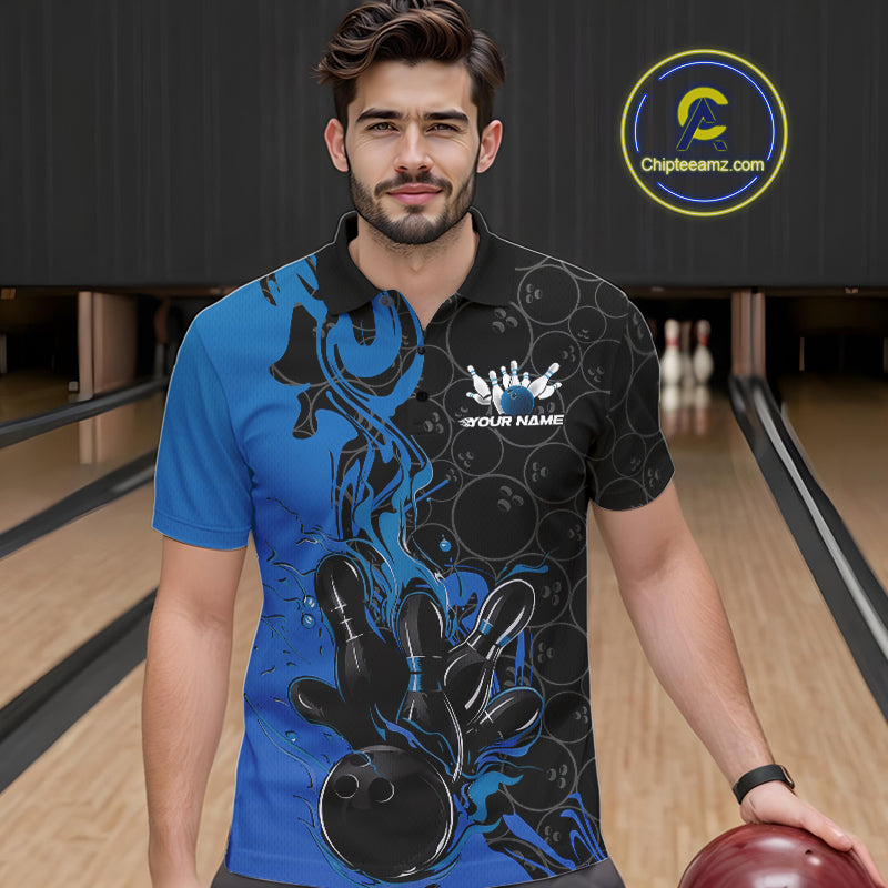 Custom Black And Blue Fire Flame Bowling Team Men Polo Shirts, Bowling League Shirt IPHW10185