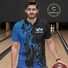 Load image into Gallery viewer, Custom Black And Blue Fire Flame Bowling Team Men Polo Shirts, Bowling League Shirt IPHW10185