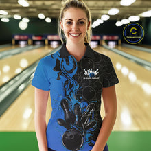 Load image into Gallery viewer, Custom Black And Blue Fire Flame Bowling Team Women Polo Shirts, Bowling League Shirt IPHW10185