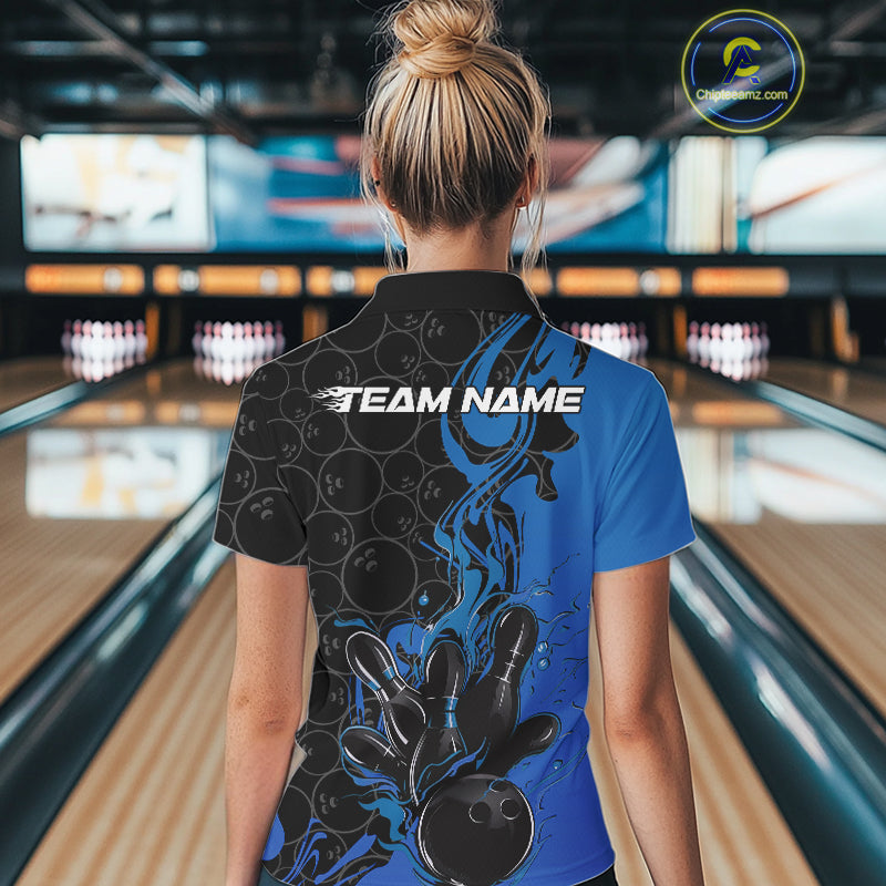 Custom Black And Blue Fire Flame Bowling Team Women Polo Shirts, Bowling League Shirt IPHW10185