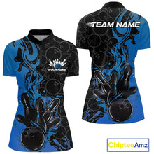 Load image into Gallery viewer, Custom Black And Blue Fire Flame Bowling Women Quarter-Zip Shirts, Bowling League Shirt IPHW10185