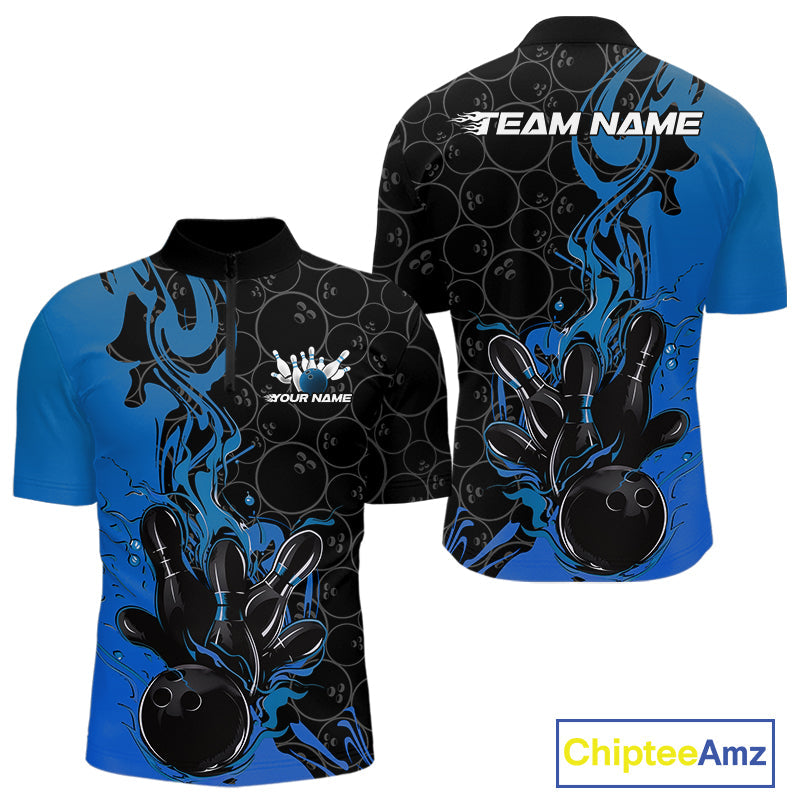 Custom Black And Blue Fire Flame Bowling Team Men Quarter-Zip Shirts, Bowling League Shirt IPHW10185