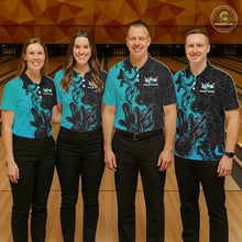 Load image into Gallery viewer, Custom Black And Blue Fire Flame Bowling Team Men Polo Shirts, Bowling League Shirt IPHW10186