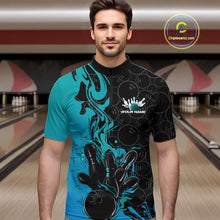 Load image into Gallery viewer, Custom Black And Blue Fire Flame Bowling Team Men Quarter-Zip Shirts, Bowling League Shirt IPHW10186