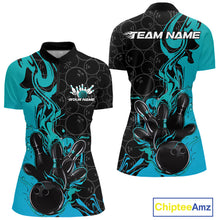 Load image into Gallery viewer, Custom Black And Blue Fire Flame Bowling Women Quarter-Zip Shirts, Bowling League Shirt IPHW10186