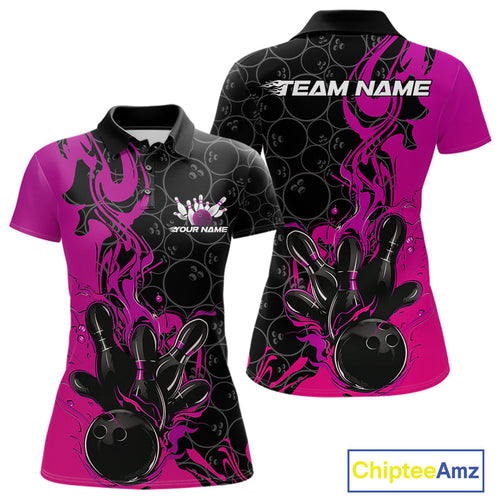 Custom Pink Purple Fire Flame Bowling Team Women Polo Shirts, Bowling League Shirt IPHW10187