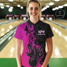 Load image into Gallery viewer, Custom Pink Purple Fire Flame Bowling Team Women Quarter-Zip Shirt, Bowling League Shirt IPHW10187