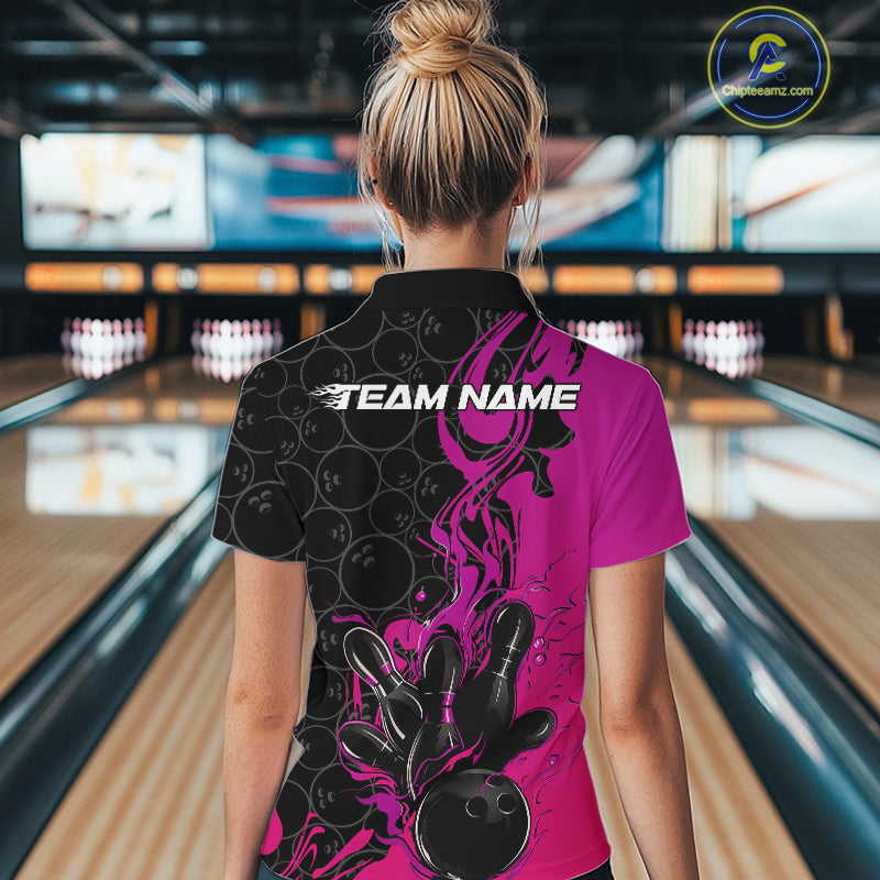 Custom Pink Purple Fire Flame Bowling Team Women Quarter-Zip Shirt, Bowling League Shirt IPHW10187