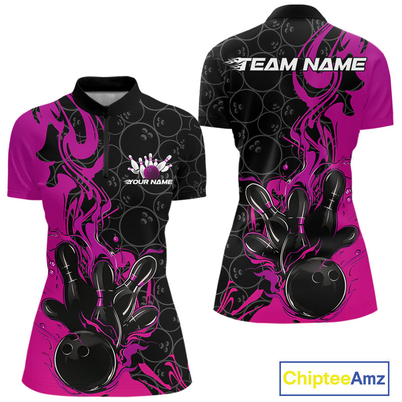 Custom Pink Purple Fire Flame Bowling Team Women Quarter-Zip Shirt, Bowling League Shirt IPHW10187