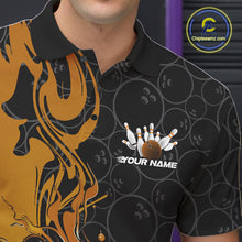 Load image into Gallery viewer, Custom Black And Gold Flame Bowling Team Men Polo Shirts, Yellow Bowling League Shirt IPHW10188