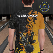 Load image into Gallery viewer, Custom Black And Gold Flame Bowling Team Men Polo Shirts, Yellow Bowling League Shirt IPHW10188