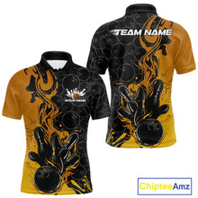 Load image into Gallery viewer, Custom Black And Gold Flame Bowling Team Men Polo Shirts, Yellow Bowling League Shirt IPHW10188