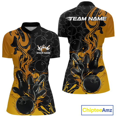Custom Black And Gold Flame Bowling Team Women Quarter-Zip Shirts, Bowling League Shirt IPHW10188