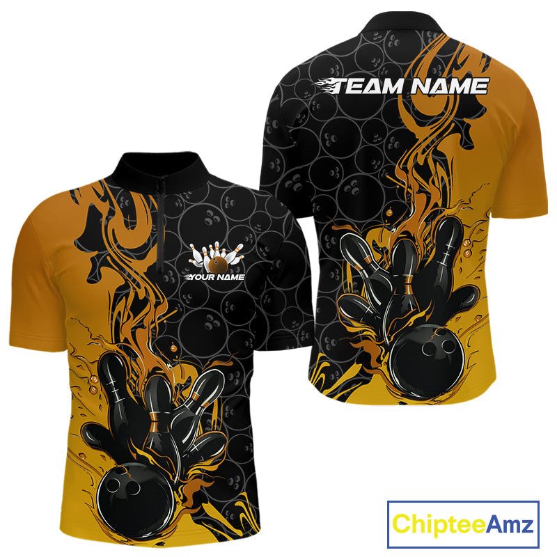Custom Black And Gold Flame Bowling Team Men Quarter-Zip Shirts, Yellow Bowling League Shirt IPHW10188