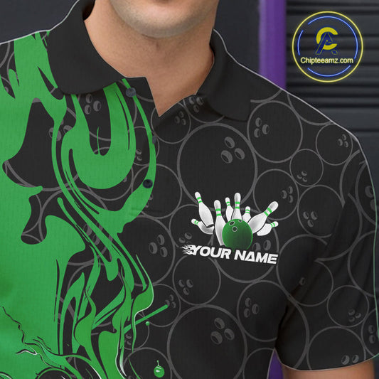 Custom Black And Green Flame Bowling Team Men Polo Shirts, Bowling League Shirt IPHW10189