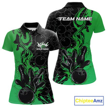 Load image into Gallery viewer, Custom Black And Green Flame Bowling Team Women Polo Shirts, Bowling League Shirt IPHW10189