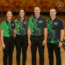 Load image into Gallery viewer, Custom Black And Green Flame Bowling Team Men Polo Shirts, Bowling League Shirt IPHW10189