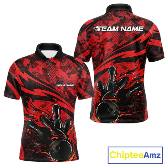 Custom Red Camo Flame Bowling Men Polo Shirts, Camouflage Bowling Team Jerseys IPHW10344