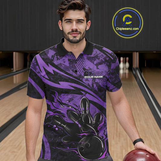 Custom Purple Camo Flame Bowling Men Polo Shirts, Camouflage Bowling Team Jerseys IPHW10346