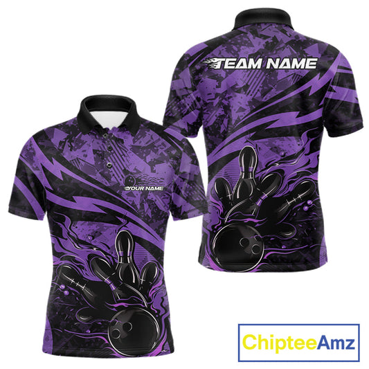 Custom Purple Camo Flame Bowling Men Polo Shirts, Camouflage Bowling Team Jerseys IPHW10346