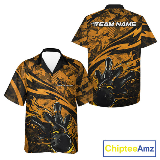 Custom Yellow Camo Flame Bowling Men And Women Hawaiian Shirts, Camouflage Bowling Team Jerseys IPHW10348