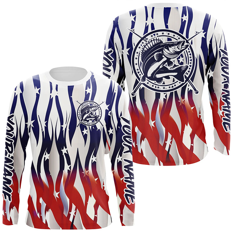 Flaming American Flag Custom Walleye Long Sleeve Fishing Shirts, Patriotic Walleye Fishing Jerseys IPHW5980