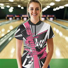 Load image into Gallery viewer, Custom Black And Pink Strike Bowling Women Quarter-Zip Shirts, Bowling Team Shirt With Name IPHW8758