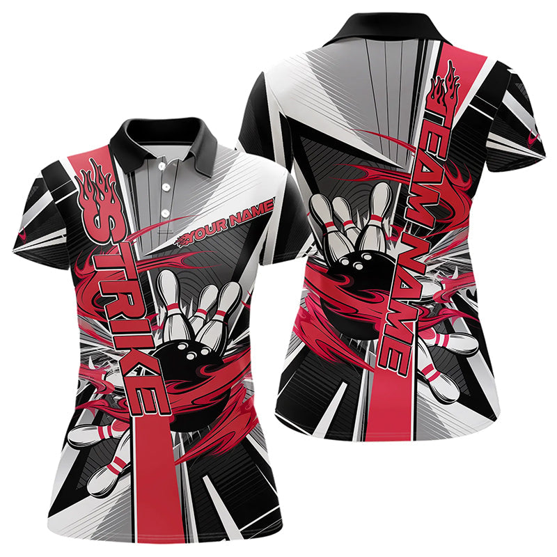 Custom Black And Red Strike Bowling Women Polo Shirts, Bowling Team League Shirt With Name IPHW8761