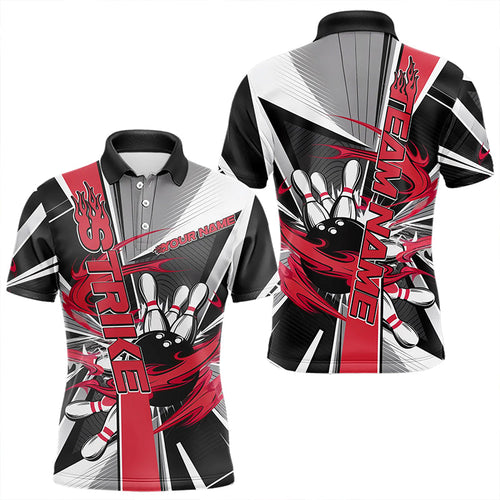 Custom Black And Red Strike Bowling Men Polo Shirts, Bowling Team League Shirt With Name IPHW8761