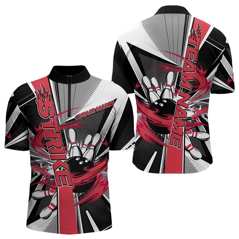 Custom Black And Red Strike Bowling Men Quarter-Zip Shirts, Bowling Team League Shirt With Name IPHW8761