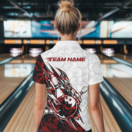 Custom Red Camouflage Bowling Polo Shirt For Women, Camo Bowling Team Uniform Bowler Outfit IPHW8771