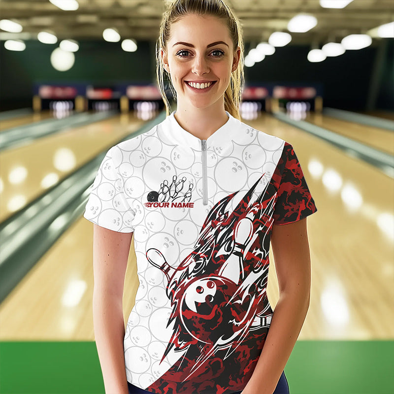 Custom Red Camouflage Bowling Women Quarter-Zip Shirts, Camo Bowling Team Uniform IPHW8771