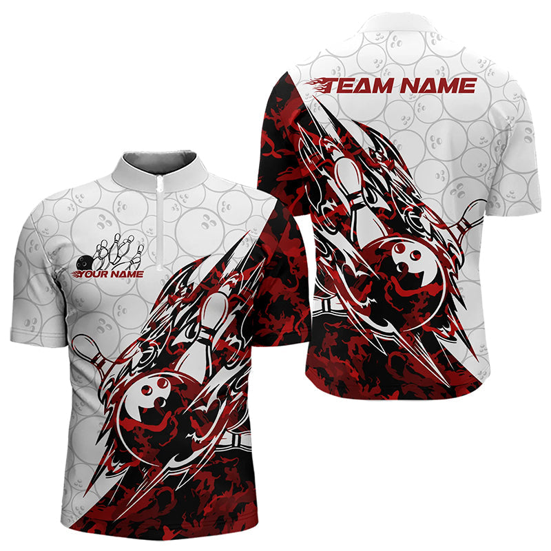 Custom Red Camouflage Bowling Quarter-Zip Shirts For Men, Camo Bowling Team Uniform Bowler Outfit IPHW8771