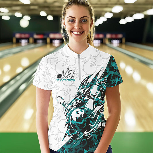 Custom Turquoise Blue Camouflage Bowling Quarter-Zip Shirts For Women, Bowling Team Uniform IPHW8772