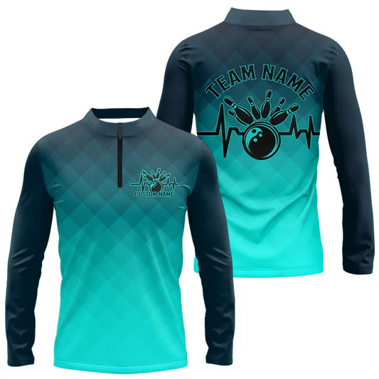 Bowling Heartbeat Pulse Line Blue Argyle Custom Bowling Team Long Sleeve Quarter-Zip Shirts For Men IPHW6253