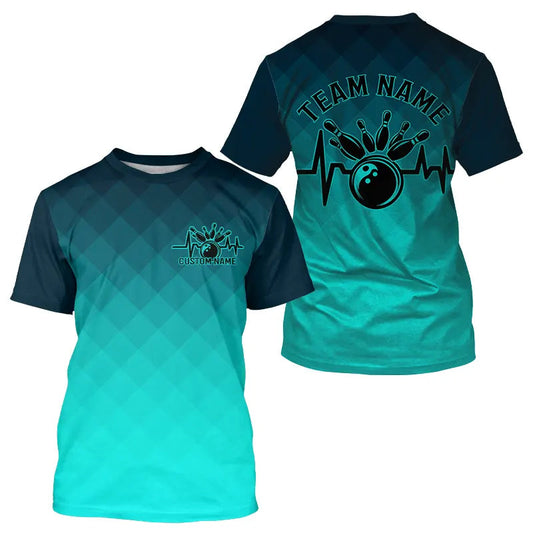Bowling Heartbeat Pulse Line Blue Argyle Custom Bowling Team T-Shirts For Men IPHW6253