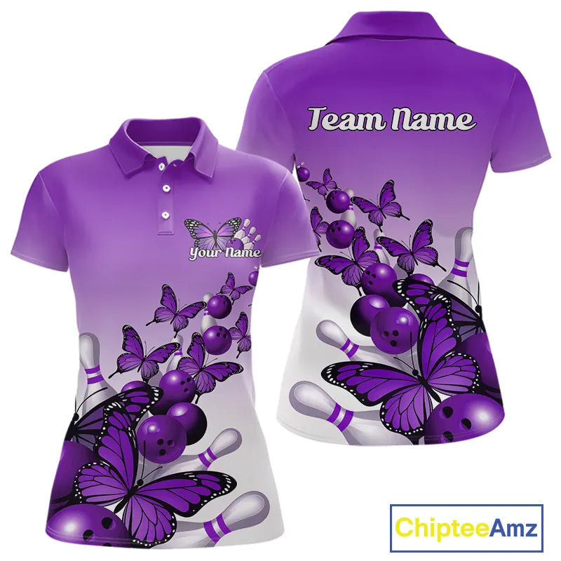 Custom Purple Gradient Butterfly Bowling Women Polo Shirts For Team, Bowling League Shirt IPHW9006