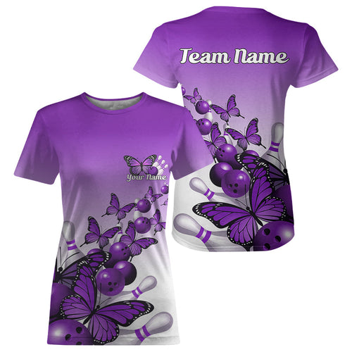 Custom Purple Gradient Butterfly Bowling Women T-Shirts For Team, Bowling League IPHW9006