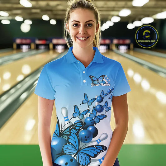 Custom Blue Gradient Butterfly Bowling Women Polo Shirts For Team, Bowling League Shirt IPHW9007