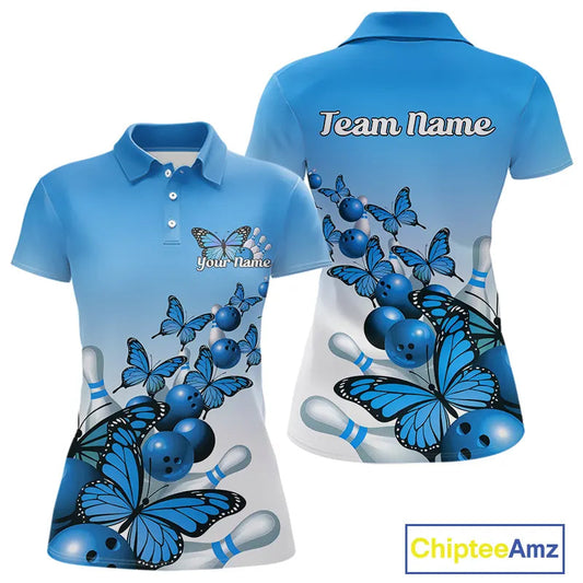 Custom Blue Gradient Butterfly Bowling Women Polo Shirts For Team, Bowling League Shirt IPHW9007