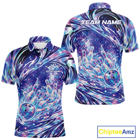 Front and back views of a mens bowling polo mockup featuring a galaxy-style bowling ball striking pins illustration.
