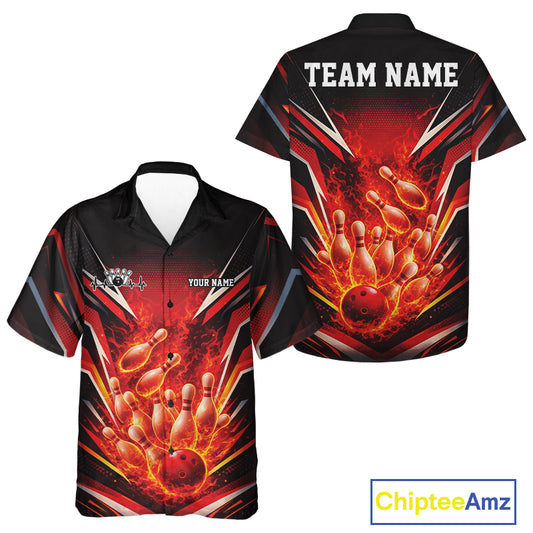 Black and red button-up bowling shirt mockup with fiery bowling ball and pin graphics shown from front and back.