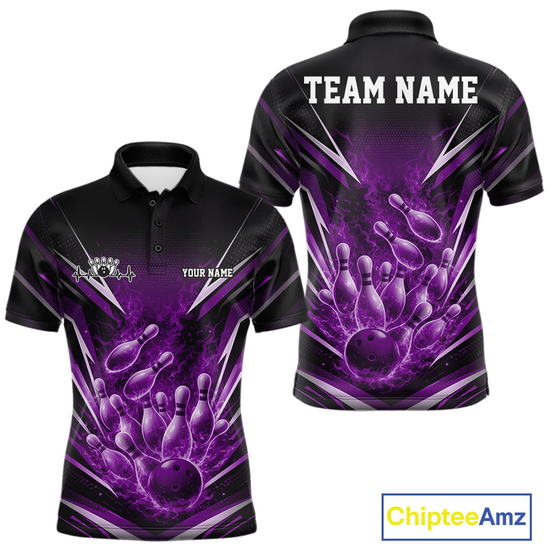 Mens black and purple bowling polo mockup shown front and back with flaming bowling ball strike artwork and fire burst effects.