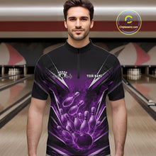 Load image into Gallery viewer, Custom Purple Fire Flame Bowling Men Quarter-Zip Shirt, Bowling Team Tournament Outfit IPHW11135