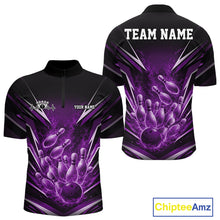Load image into Gallery viewer, Custom Purple Fire Flame Bowling Men Quarter-Zip Shirt, Bowling Team Tournament Outfit IPHW11135