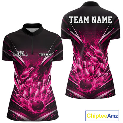 Front and back mockup of womens bowling quarter zip in black and pink featuring flaming bowling ball striking pins with explosive fire burst sports artwork.