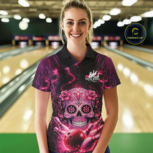 Load image into Gallery viewer, Custom Pink Purple Sugar Skull Bowling Women Polo Shirt, Halloween Team Bowling Outfit IPHW11144